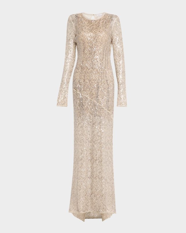 Paillette Net Knit Long-Sleeve Maxi Dress